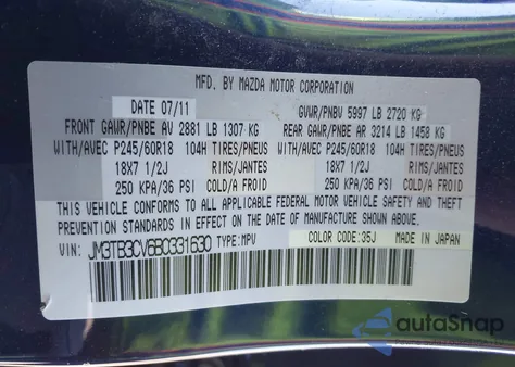 2011 Mazda Cx-9 Touring z USA, uszkodzony, nr VIN JM3TB3CV6B0331630